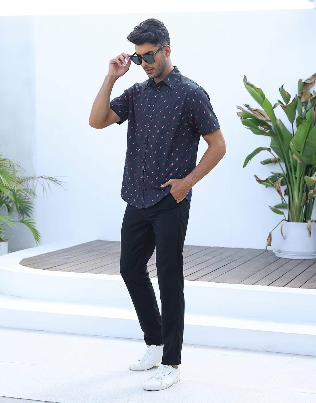 image:imageHDE Mens Casual Button Down Shirt S5XL Big Short Sleeve Floral Hawaiian PrintFlamingo