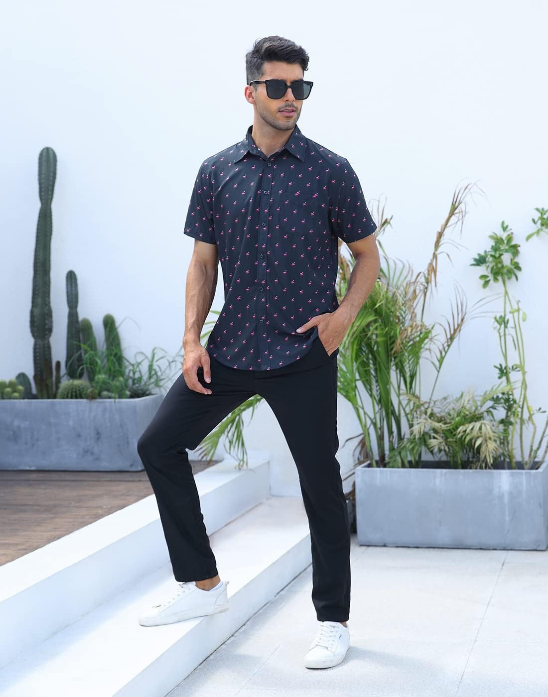image:imageHDE Mens Casual Button Down Shirt S5XL Big Short Sleeve Floral Hawaiian PrintFlamingo