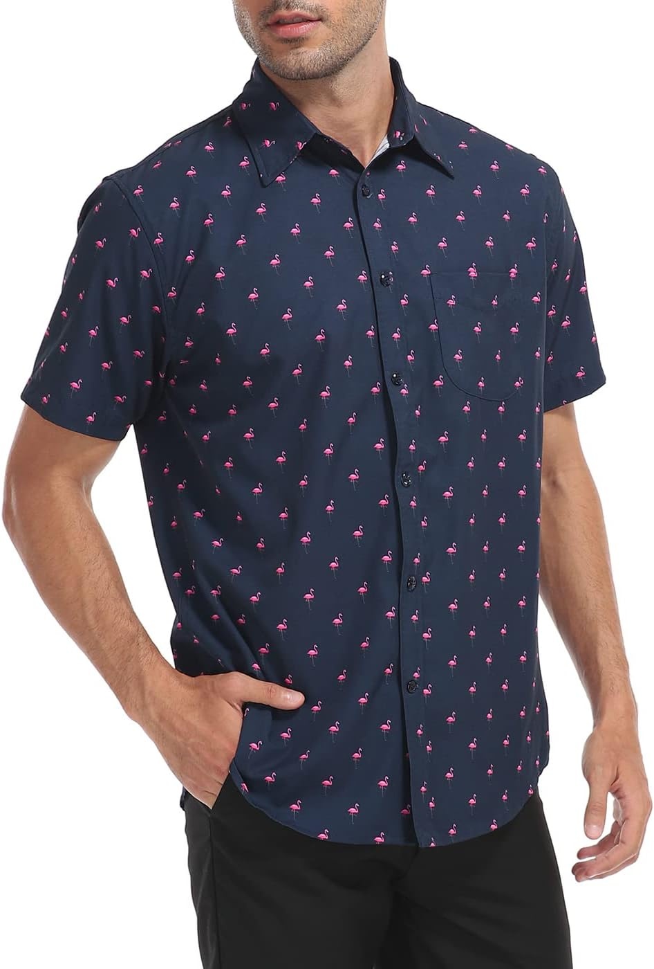 image:imageHDE Mens Casual Button Down Shirt S5XL Big Short Sleeve Floral Hawaiian PrintFlamingo