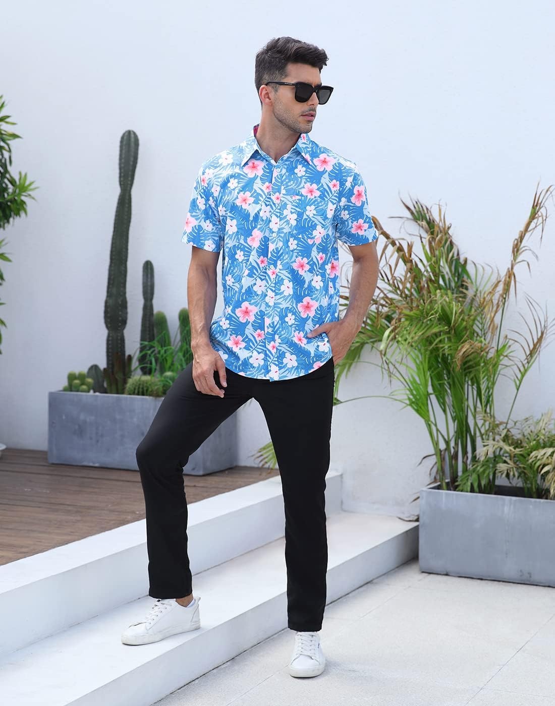 image:imageHDE Mens Casual Button Down Shirt S5XL Big Short Sleeve Floral Hawaiian PrintHawaiian Floral