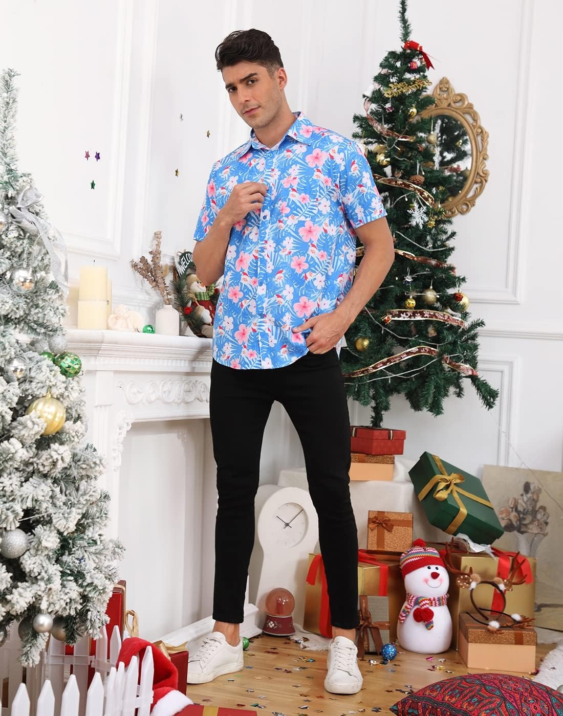 image:imageHDE Mens Casual Button Down Shirt S5XL Big Short Sleeve Floral Hawaiian PrintHawaiian Santa