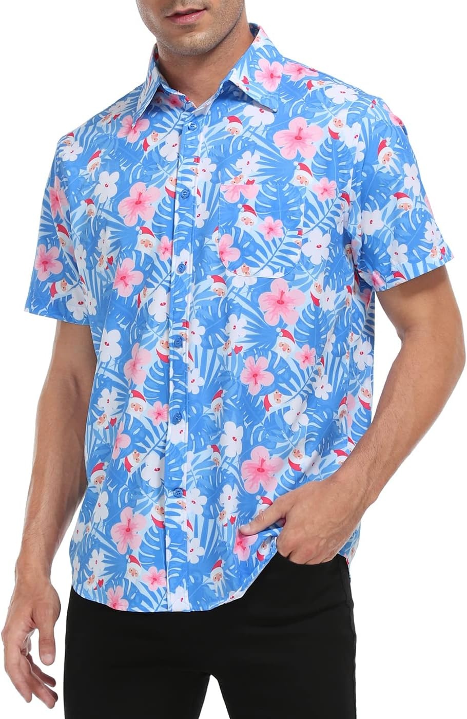 image:imageHDE Mens Casual Button Down Shirt S5XL Big Short Sleeve Floral Hawaiian PrintHawaiian Santa