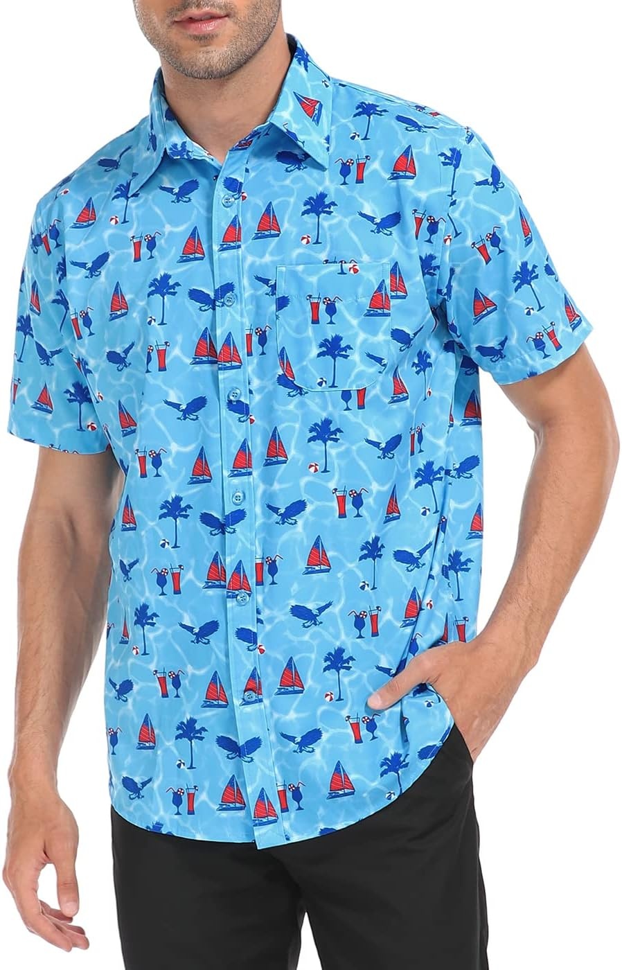 image:imageHDE Mens Casual Button Down Shirt S5XL Big Short Sleeve Floral Hawaiian PrintPatriotic Vacation
