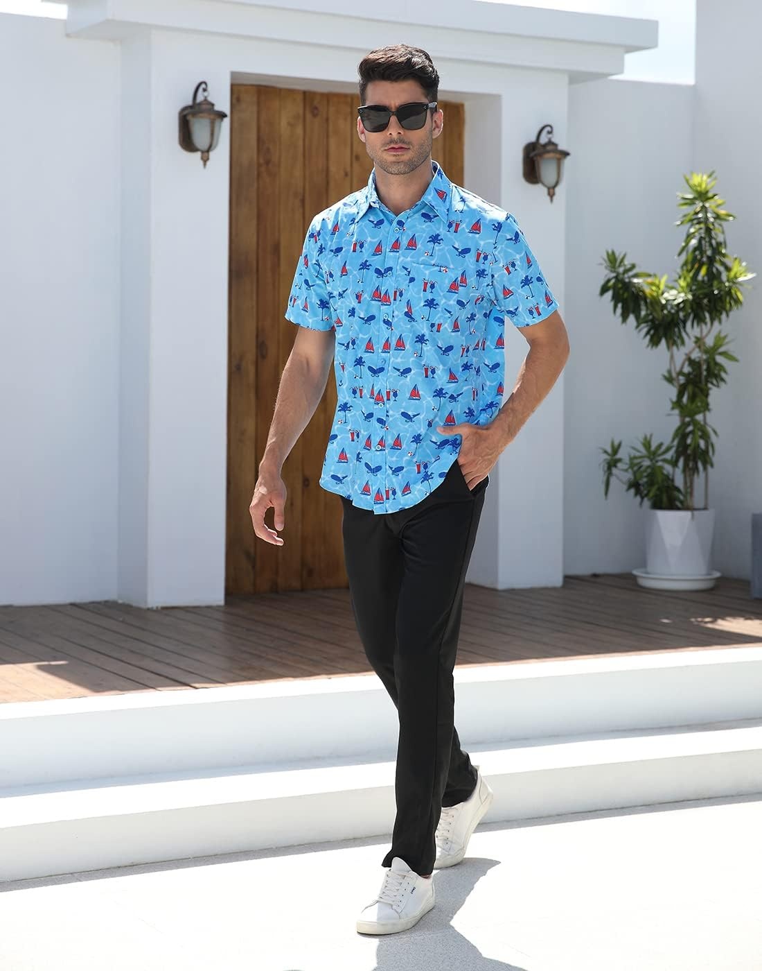 image:imageHDE Mens Casual Button Down Shirt S5XL Big Short Sleeve Floral Hawaiian PrintPatriotic Vacation