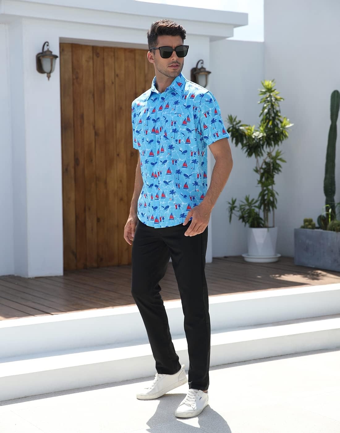image:imageHDE Mens Casual Button Down Shirt S5XL Big Short Sleeve Floral Hawaiian PrintPatriotic Vacation