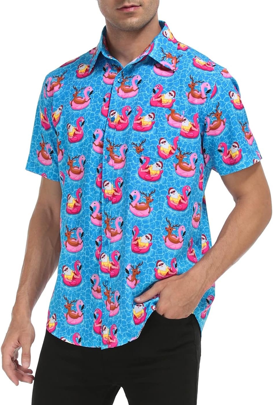 image:imageHDE Mens Casual Button Down Shirt S5XL Big Short Sleeve Floral Hawaiian PrintPool Santa
