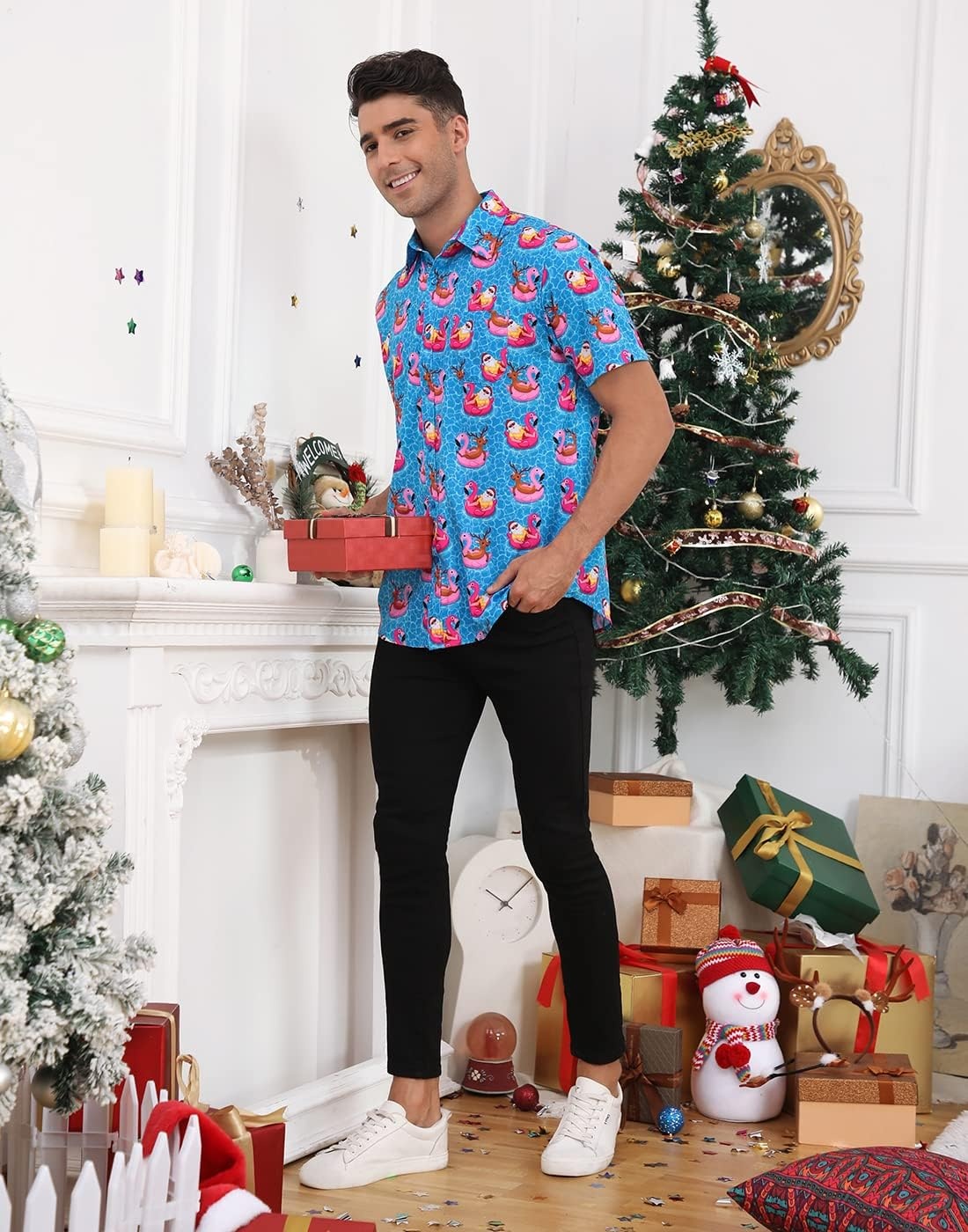 image:imageHDE Mens Casual Button Down Shirt S5XL Big Short Sleeve Floral Hawaiian PrintPool Santa