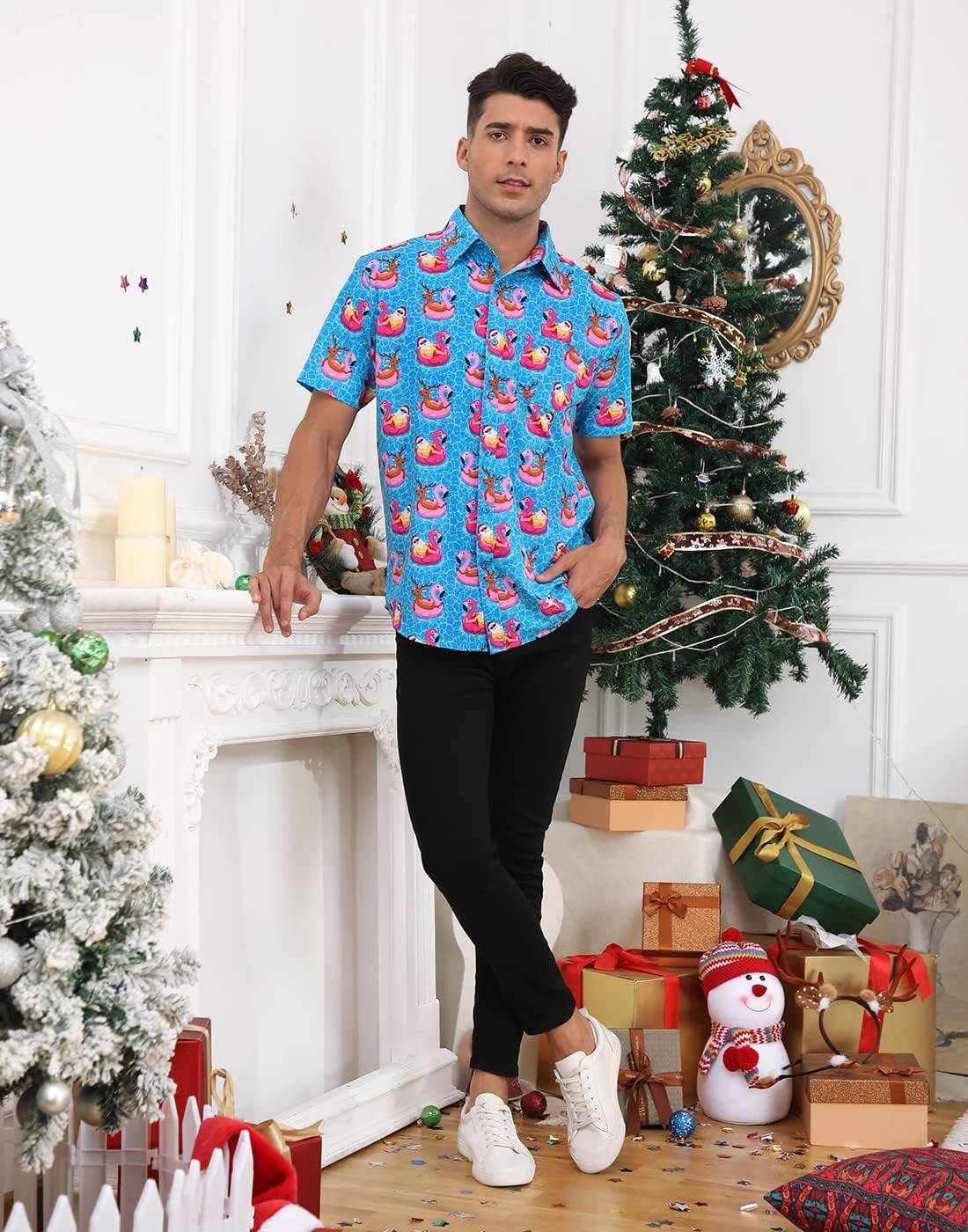 image:imageHDE Mens Casual Button Down Shirt S5XL Big Short Sleeve Floral Hawaiian PrintPool Santa