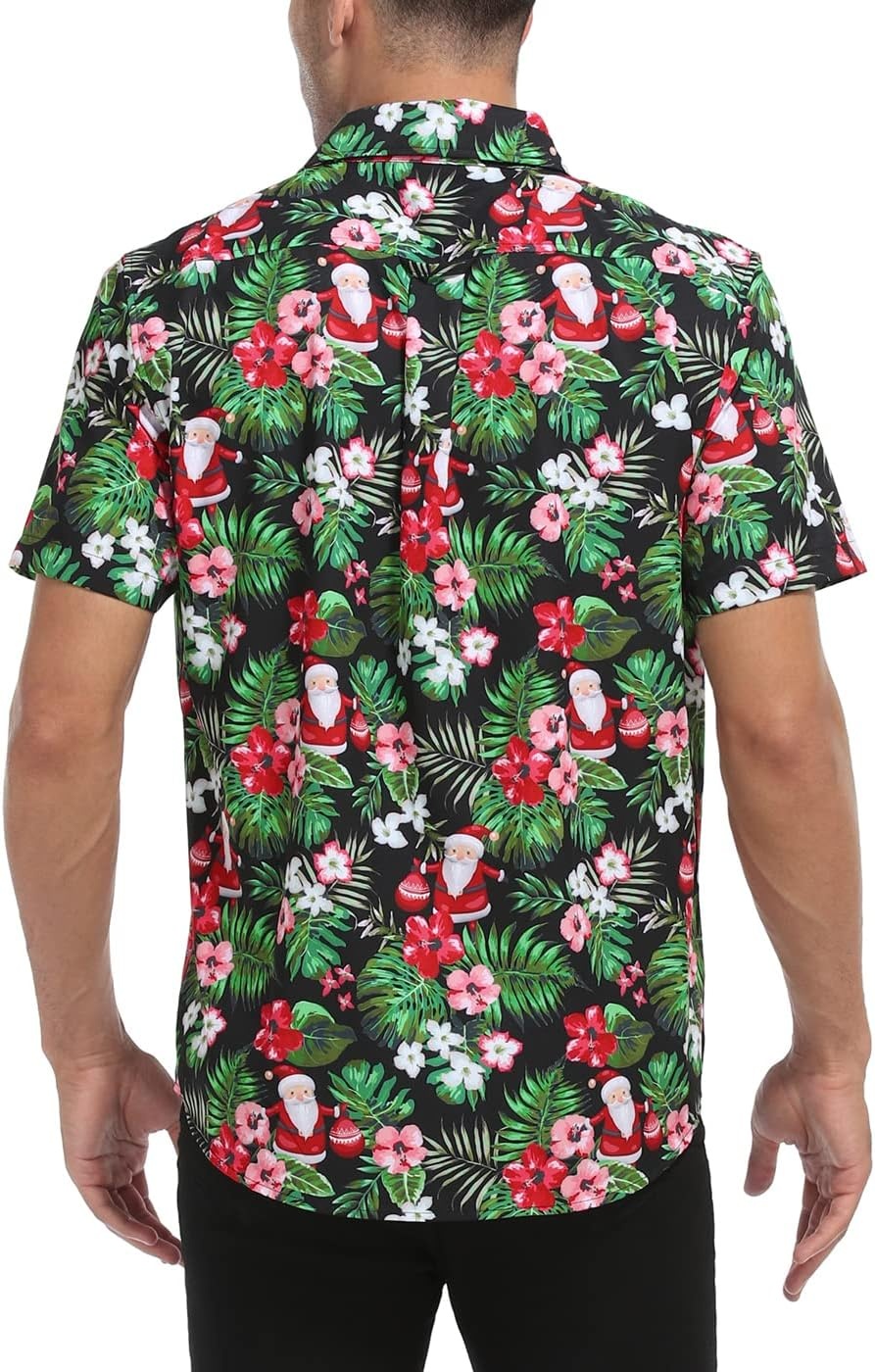 image:imageHDE Mens Casual Button Down Shirt S5XL Big Short Sleeve Floral Hawaiian PrintTropical Santa