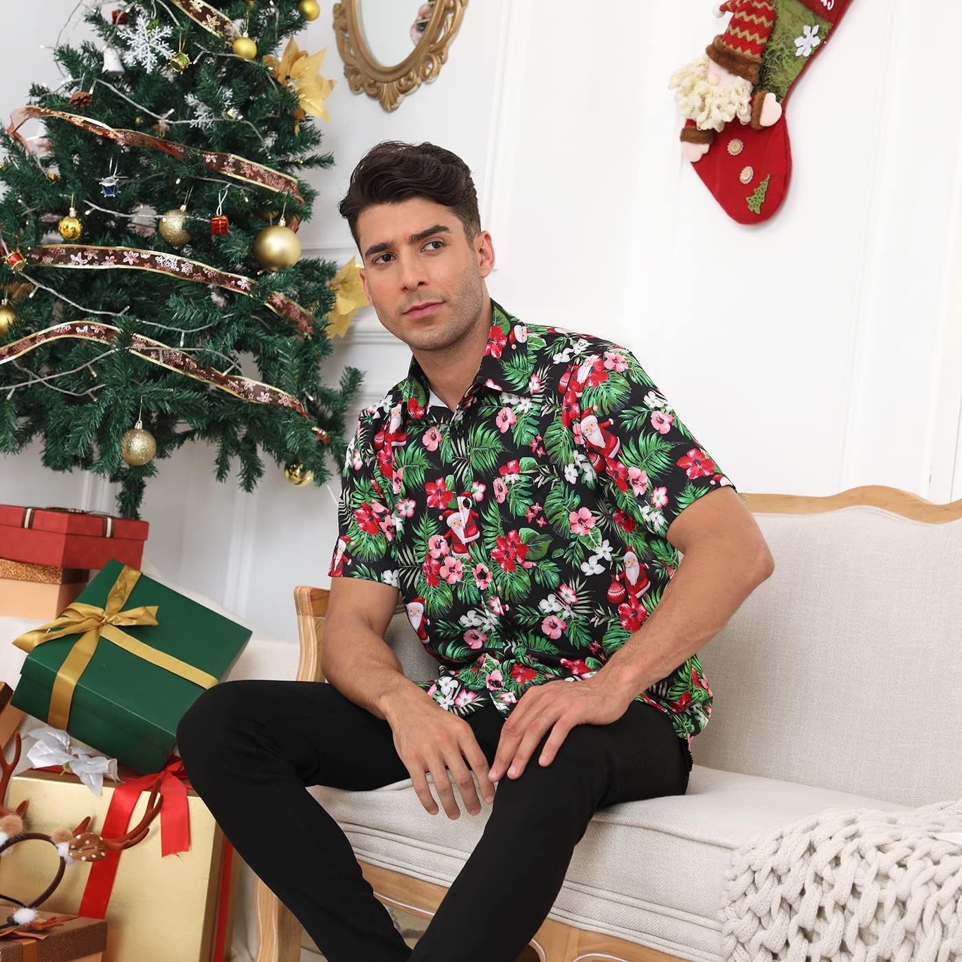 image:imageHDE Mens Casual Button Down Shirt S5XL Big Short Sleeve Floral Hawaiian PrintTropical Santa