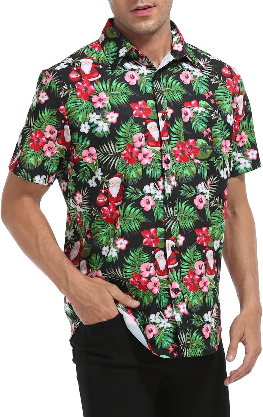 image:imageHDE Mens Casual Button Down Shirt S5XL Big Short Sleeve Floral Hawaiian PrintTropical Santa
