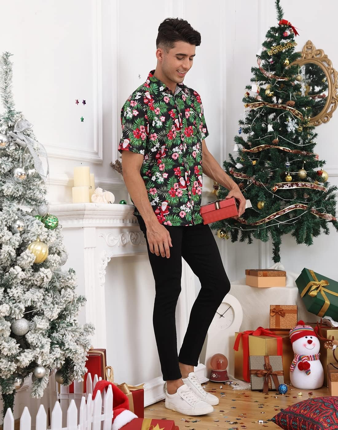 image:imageHDE Mens Casual Button Down Shirt S5XL Big Short Sleeve Floral Hawaiian PrintTropical Santa