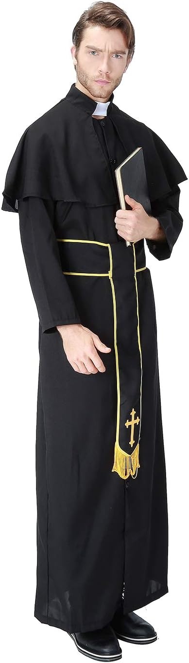 image:imageHDE Mens Priest Cassock Costume Halloween Party Outfit Traditional Clergy Vestments With Robe Collar and Sash Adult One Sized