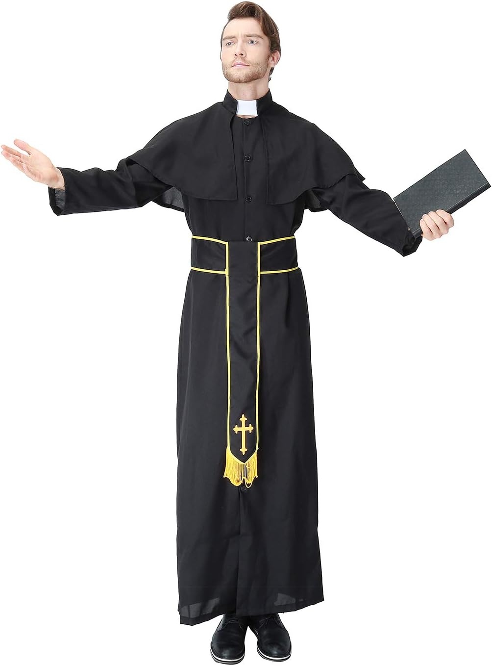 image:imageHDE Mens Priest Cassock Costume Halloween Party Outfit Traditional Clergy Vestments With Robe Collar and Sash Adult One Sized