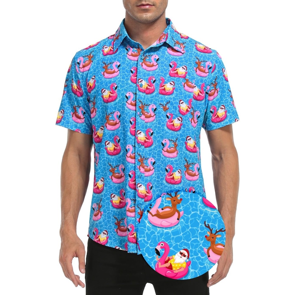 image:imageHDE Mens Casual Button Down Shirt S5XL Big Short Sleeve Floral Hawaiian PrintPool Santa