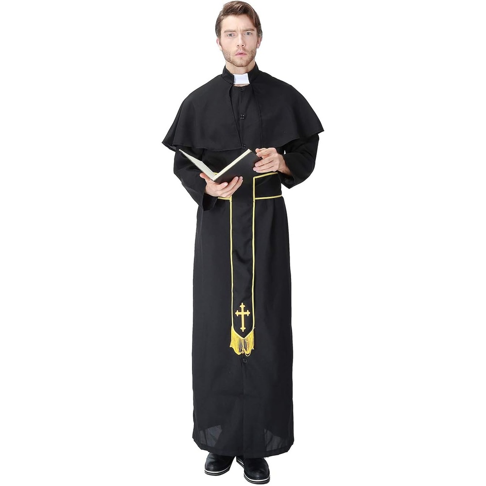 image:imageHDE Mens Priest Cassock Costume Halloween Party Outfit Traditional Clergy Vestments With Robe Collar and Sash Adult One Sized